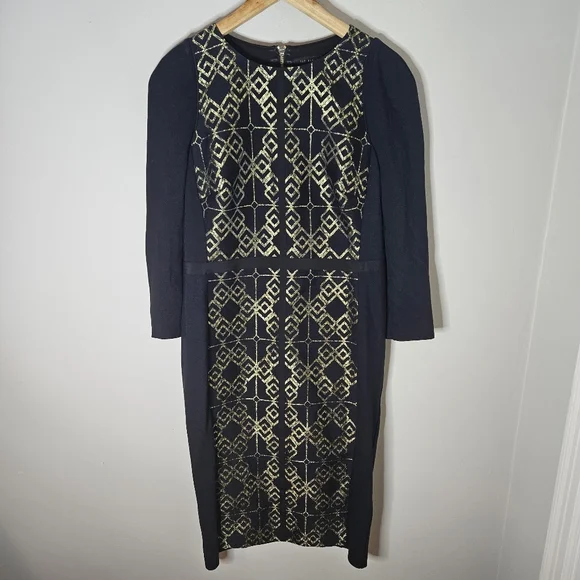 Ted Baker Knit Sheath Dress Black Gold Midi Long Sleeve Bodycon Women's 6 - Picture 2 of 9